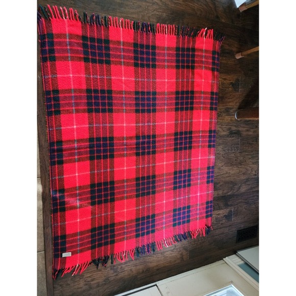 FARIBO 100% Wool Blanket Fluff Loomed Fringe Red Plaid Picnic Stadium 52x62”